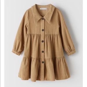 ZARA tan corduroy tiered pleated long sleeve dress sz 6